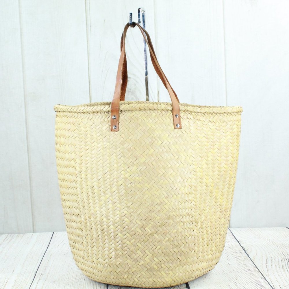 Women's Tan Ratan Cowhide Woven Double Handle Leather Bucket Tote Handbag - Picture 2 of 9